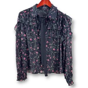 Lea & Viola black with pink floral print blouse‎ size S